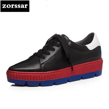 

{Zorssar} 2018 New Fashion Genuine Leather Leisure Lace-up flat Pointed toe shoes Women sneakers Casual Flats platform Loafers