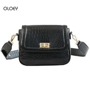 

OLOEY Women's PU leather square bag Fashion chain handbag Wide shoulder strap shoulder messenger Crocodile retro female bag