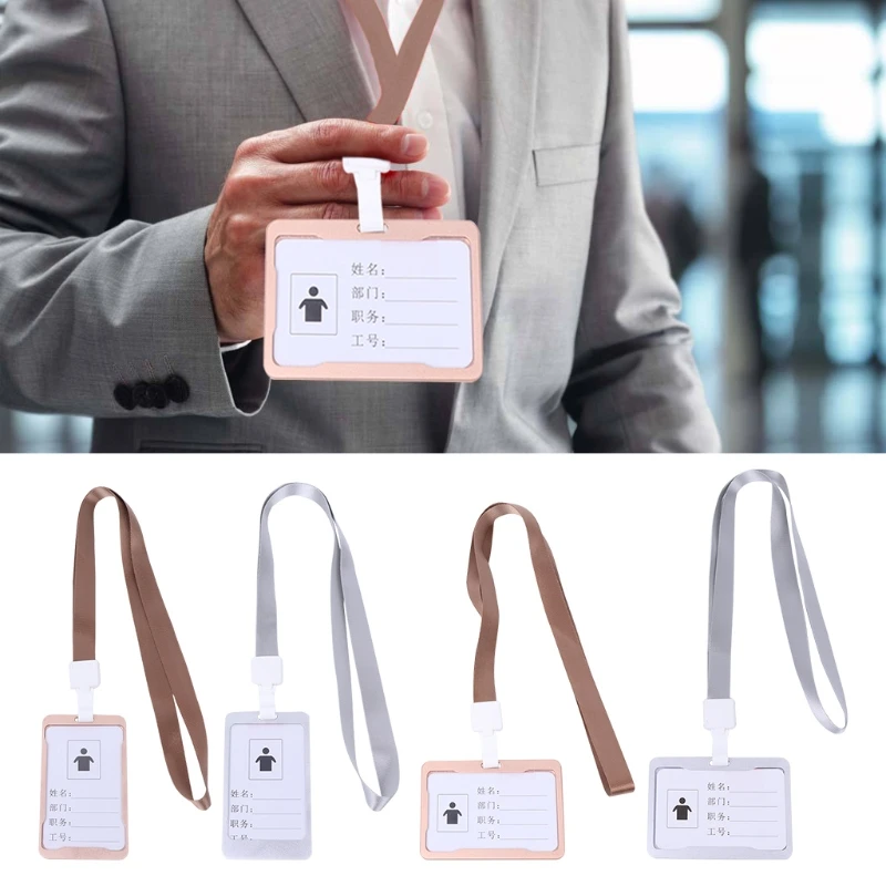 Aluminum Alloy Business Work Card ID Badge Lanyard Holder Horizontal