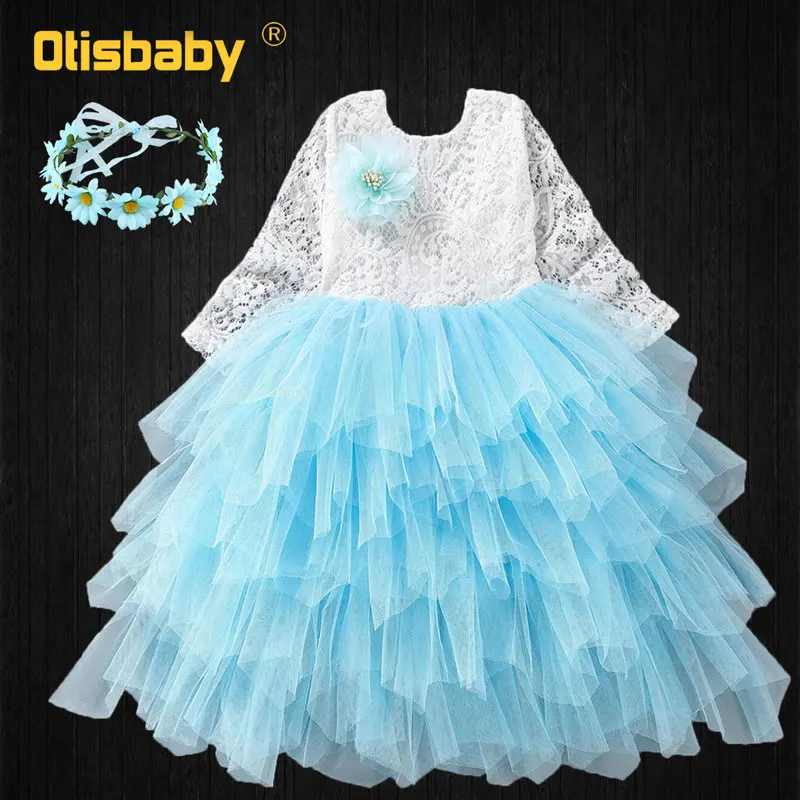 Blue Set Летнее стильное детское кружевное платье с цветочным рисунком для девочек; платье-пачка с длинными рукавами и цветочным рисунком с открытой спиной; детское Сетчатое праздничное платье с головным убором - Цвет: Blue Set