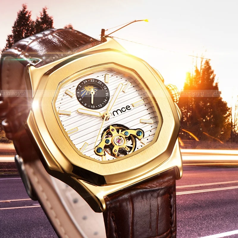 

Skeleton Hollow Fashion Mechanical Hand Wind Mens Luxury Business Leather Band Watch With Gift Box