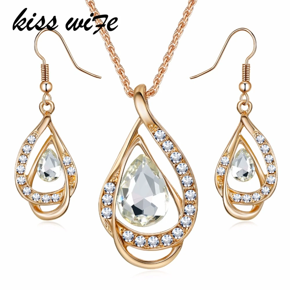 KISSWIFE новые элегантные комплекты ювелирных изделий цепочка с австрийским кристаллом Кулон Ювелирные наборы ожерелье серьги подарок для леди