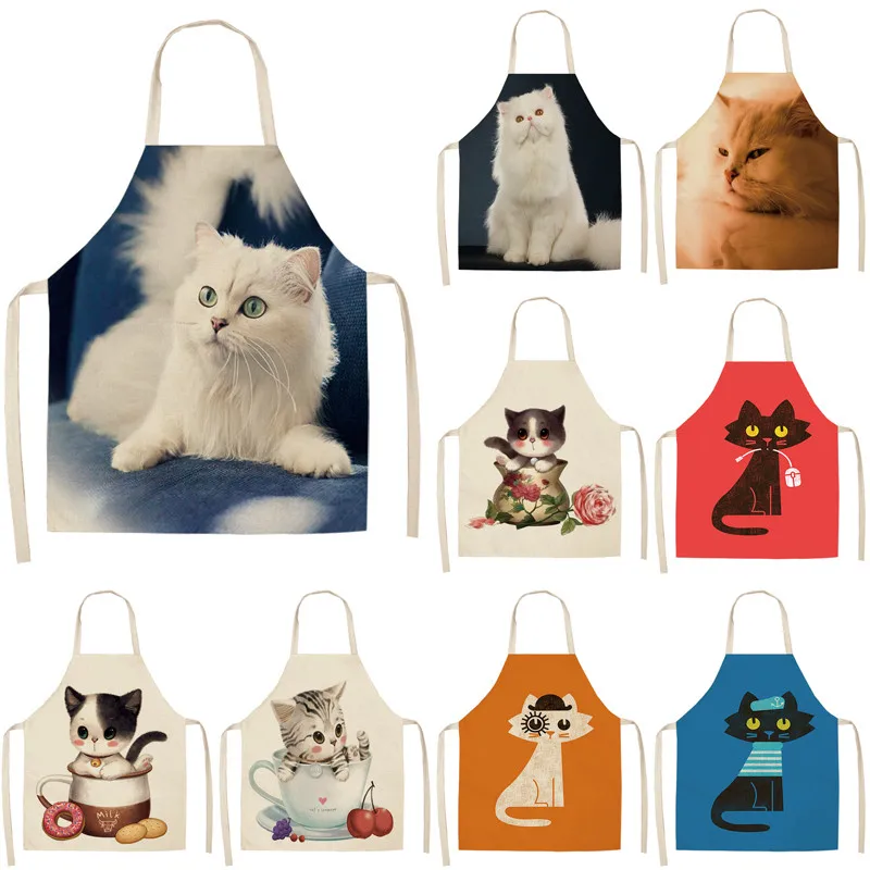 Kitchen Apron for Woman Cute Cartoon Cat Printed Sleeveless Cotton Linen Aprons For Cooking Home Cleaning Tools 53*65cm A1008