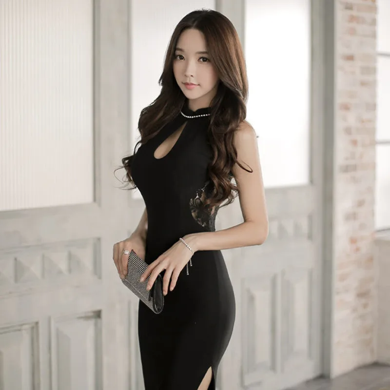 Сексуальное черное платье корейское женское кружевное платье с воротником-стойкой без рукавов облегающее короткое платье женское платье для ночного клуба с открытой спиной - Цвет: Черный