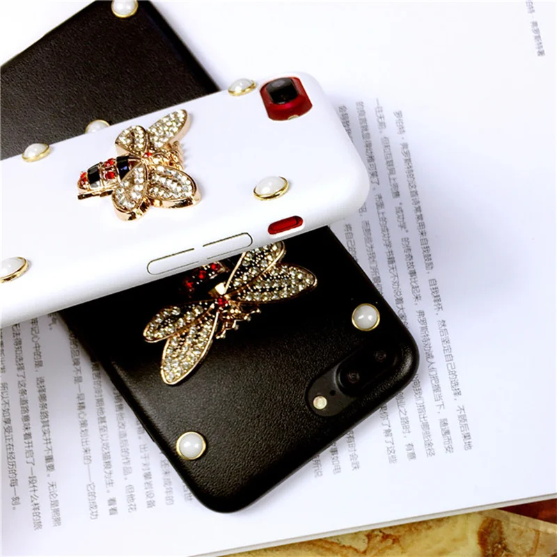 Aoweziic Luxury Leather 3D Metal Bee Pearl Phone Cases For iphoneX XS MAX XR Material Fashion Fundas 6S 7 8Plus Back Cover Coque