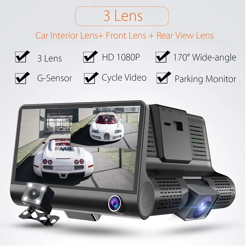 3-в-1 170 градусов 1080P HD Видеорегистраторы для автомобилей спереди и длинное сзади зеркало заднего вида Камера комплект Широкий формат видение внутреннее зеркало заднего вида Cam Retrovisor зеркало