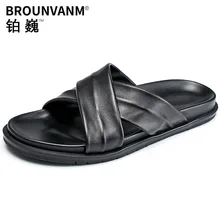 Пляжные шлепанцы; мужские открытые сандалии из натуральной кожи в Корейском стиле; Повседневная обувь в римском стиле; пляжная уличная Нескользящая Летняя обувь из воловьей кожи