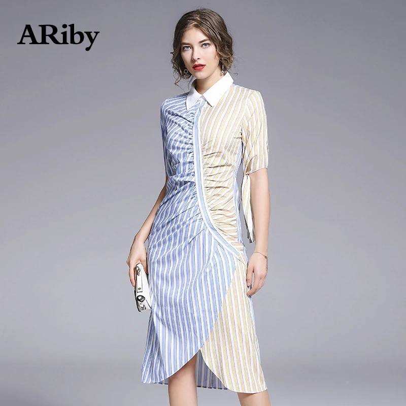 Women Dress Turn-down Collar Dress 2019 Summer New Office Lady Stripe Splice Printed Slimming Half Sleeve Shirt Pencil Dresses