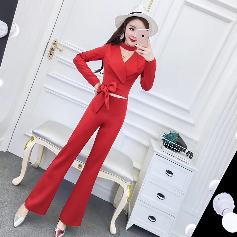 

2018 Spring and Autumn new style Korean temperament neck long-sleeved suit was thin wide leg bell-bottoms fashion ladies suits
