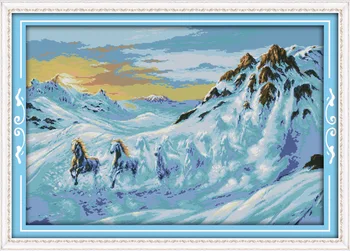 

Horses running in the snow mountain Printed Canvas DMC Counted Cross Stitch Kits printed Cross-stitch set Embroidery Needlework