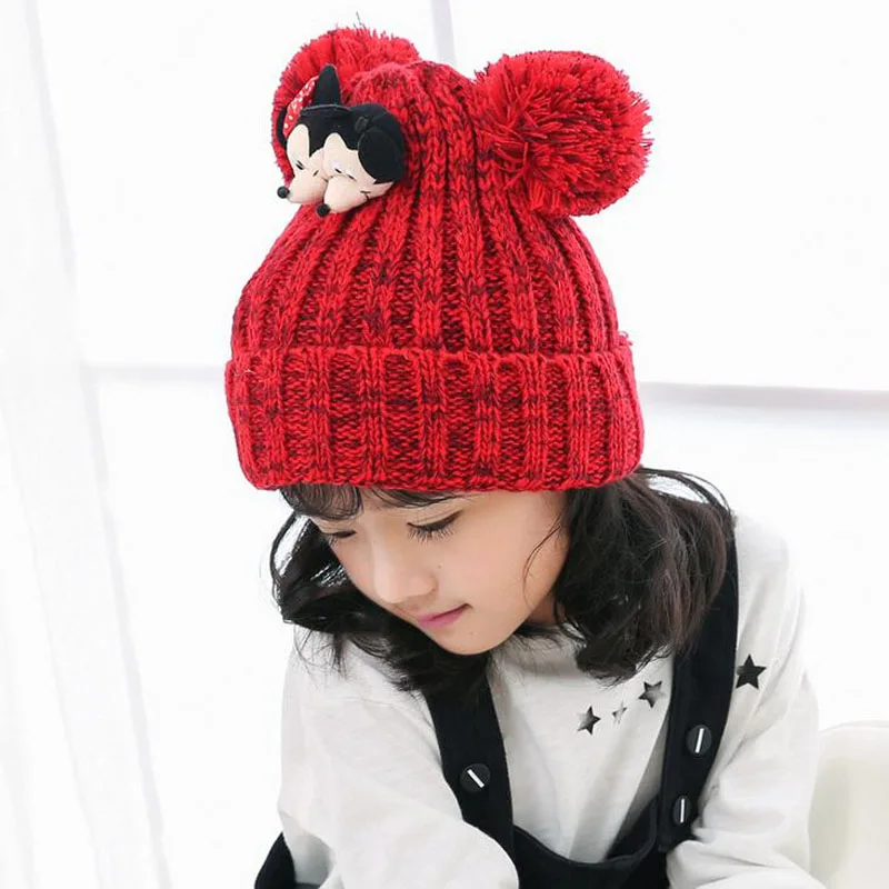 

2016 Korean 3D Two mouse Children knitted Hats boys girls Winter Hat Kids Earflap Cap age for 2 -10 Years Old
