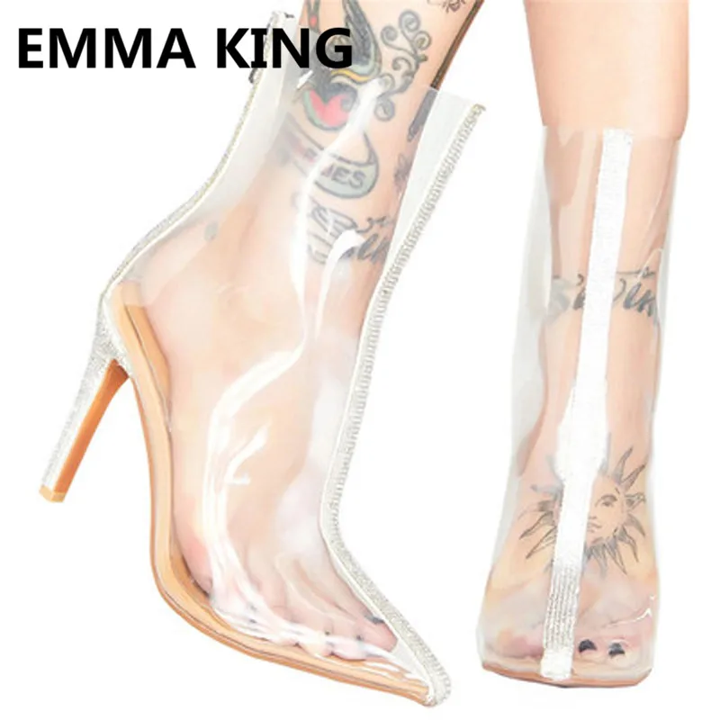 

New PVC Transparent Women Rubber Rain Boots Pointed Toe Back Crystal Stud High Heels Ladies Runway Shoes Woman Clear Ankle Boots