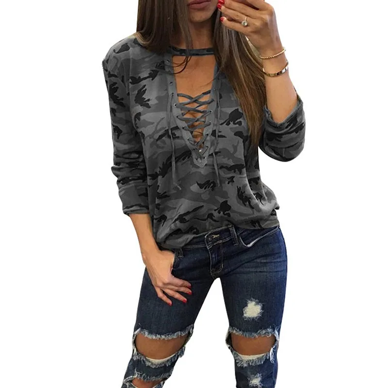 

Camouflage Print Women Long Sleeve Slim T-Shirt V-Neck Lace-up Lady Sexy Tops Army Style Casual Female Tee Plus Size