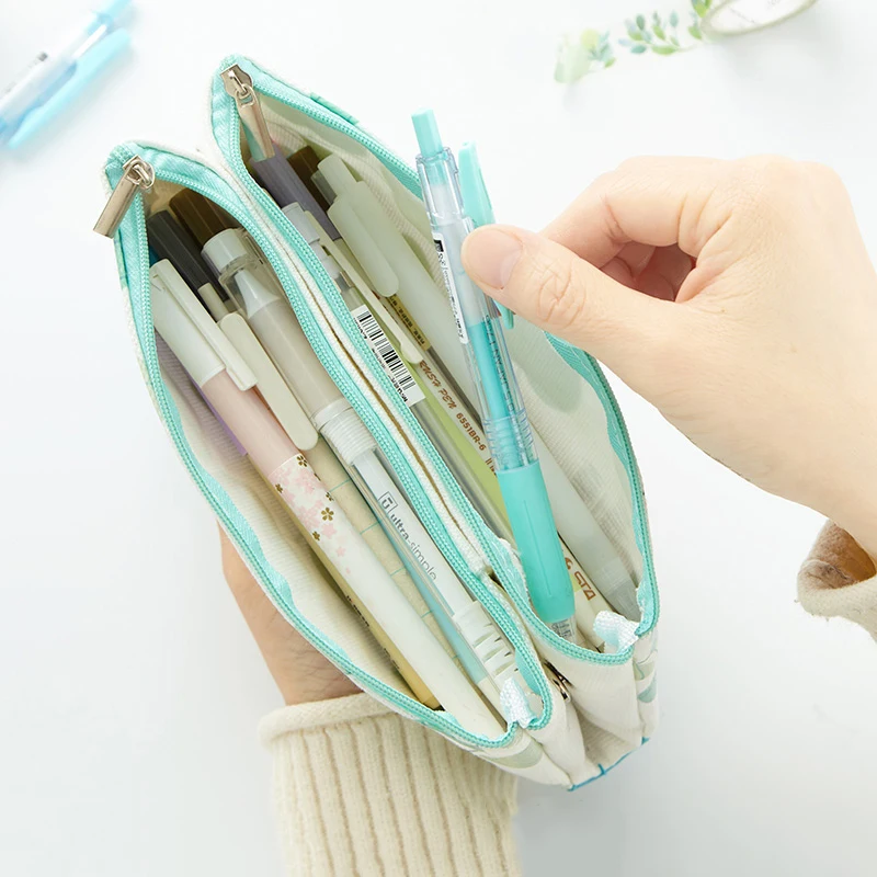 

Creative Pen Pencil Case Bag Multifunctional Canvas Organizer Pouch Cosmetic Bags with Double Zipper School Office Supplies