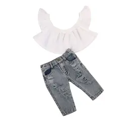 Одежда для новорожденных девочек, пуловер с вырезом лодочкой, однотонные топы с короткими рукавами, джинсовые штаны с дырками и карманами