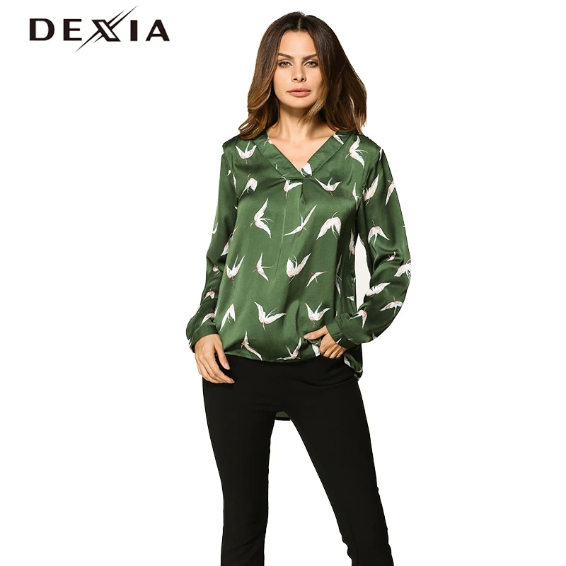 

DEXIA Vogue Printed Blouse Shirt Women Elegant Crane Tops Ladies Turn-down Collar Long Sleeve Autumn Blouse 3 Colors SKS2392