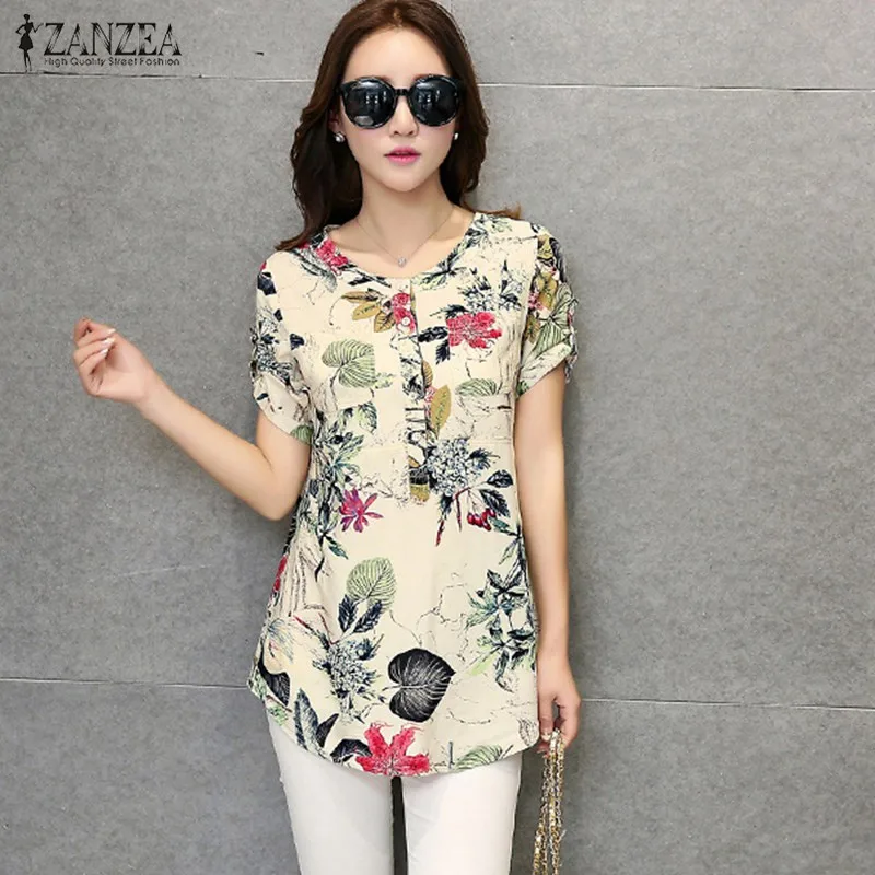 ZANZEA Women Blouses 2018 Summer Vintage Floral Print Blusas Shirts O Neck Roll Up Short Sleeve Casual Loose Tee Tops Plus Size