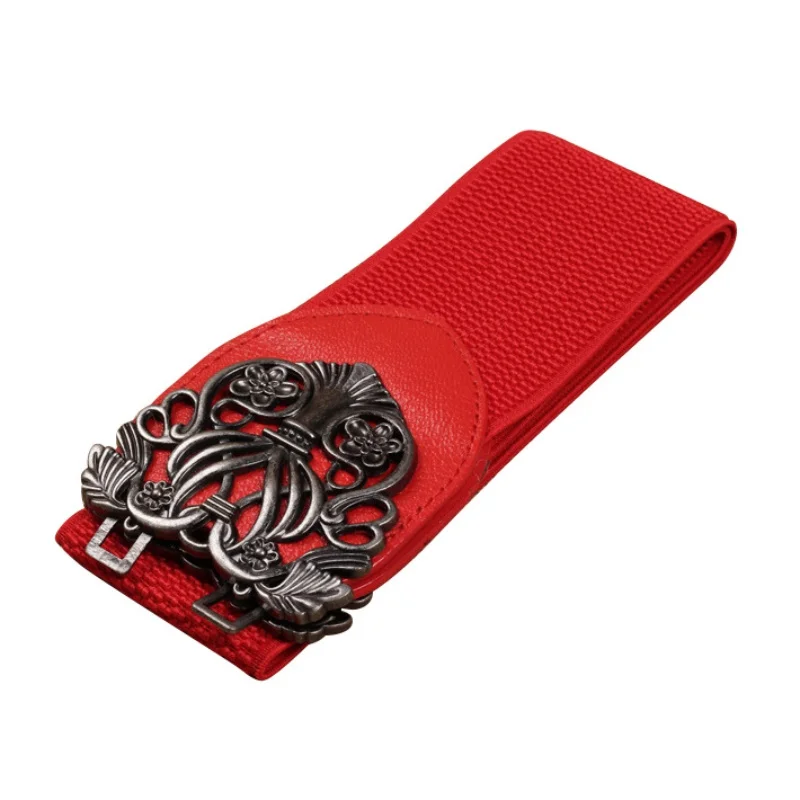 

Vintage Women Metal Flower Elastic Stretch Buckle Wide Waist Belt Waistban Belts