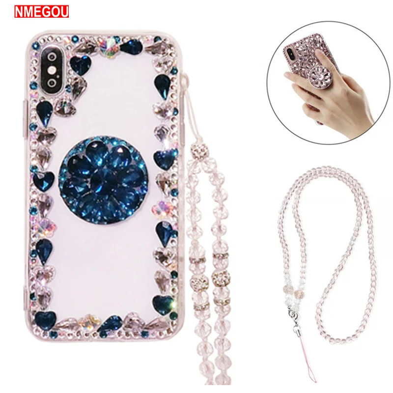 

For Samsung Galaxy S8 S9 10 Plus S10e Note 8 9 3D Crystal Diamond Rhinestone Jewelled Case & Holder & Necklace Strap Bling Cover