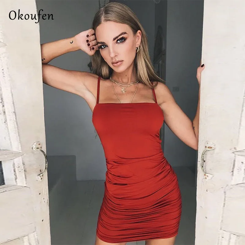 

OKOUFEN Summer Women's Dresses Euramerican Back Hollow Sexy Band Pure Color Irregular Dresses Adjustable Sling Dresses NC0001