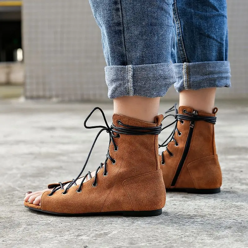 

ASILETO Summer Ankle boots women flat shoes cow suede leather peep toe Cross tie Zipper boot lace up bottines chaussures botas