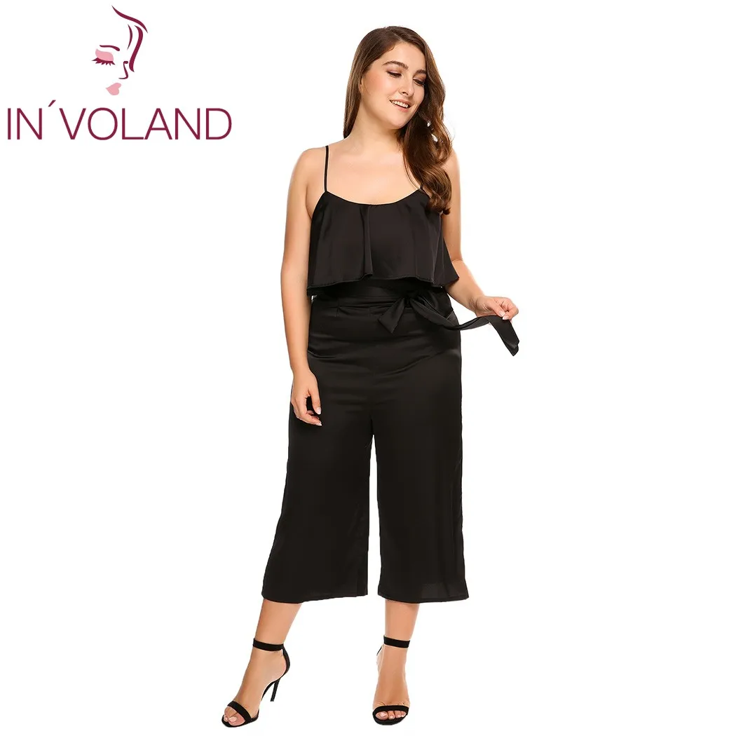 IN'VOLAND для женщин комбинезон плюс размеры пикантные Спагетти ремень рюшами широкие брюки однотонные свободные Feminino