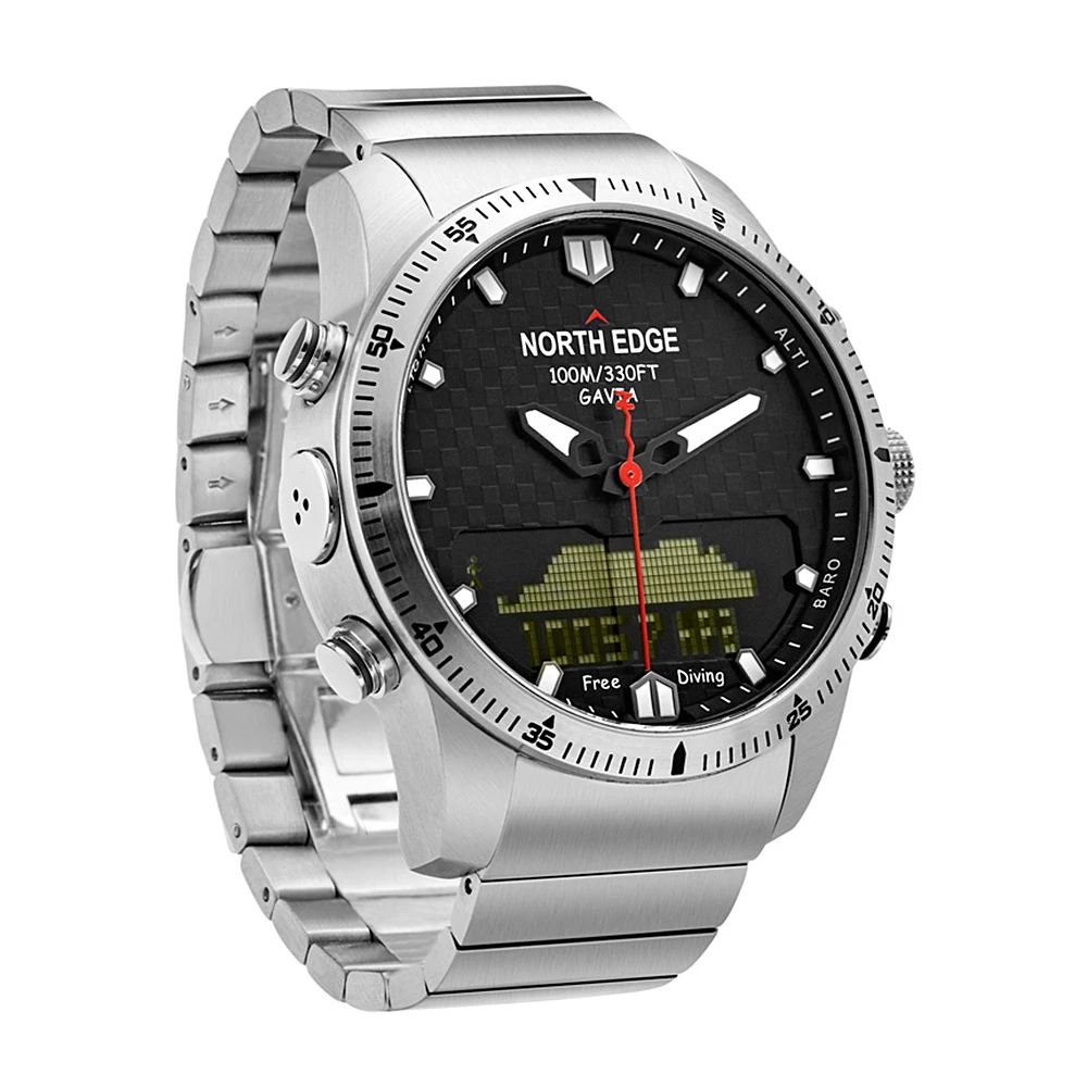 NORTH EDGE мужские спортивные цифровые часы для дайвинга мужские часы военные армейские Роскошные полностью стальные деловые Водонепроницаемые 100 м альтиметр компас - Цвет: Серебристый