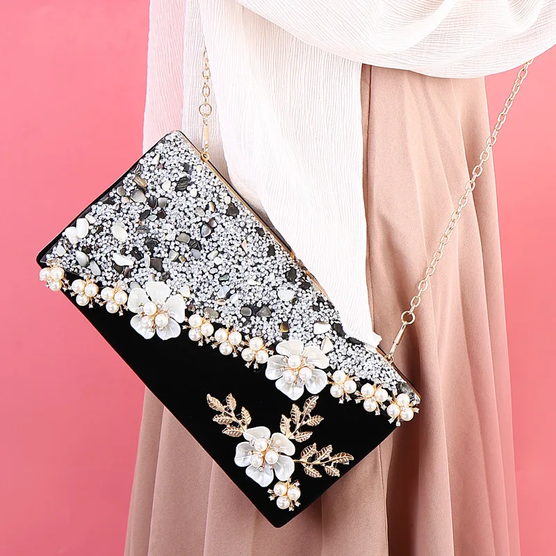 Luxy Moon Black Floral Beads Clutch Bag Model Display View