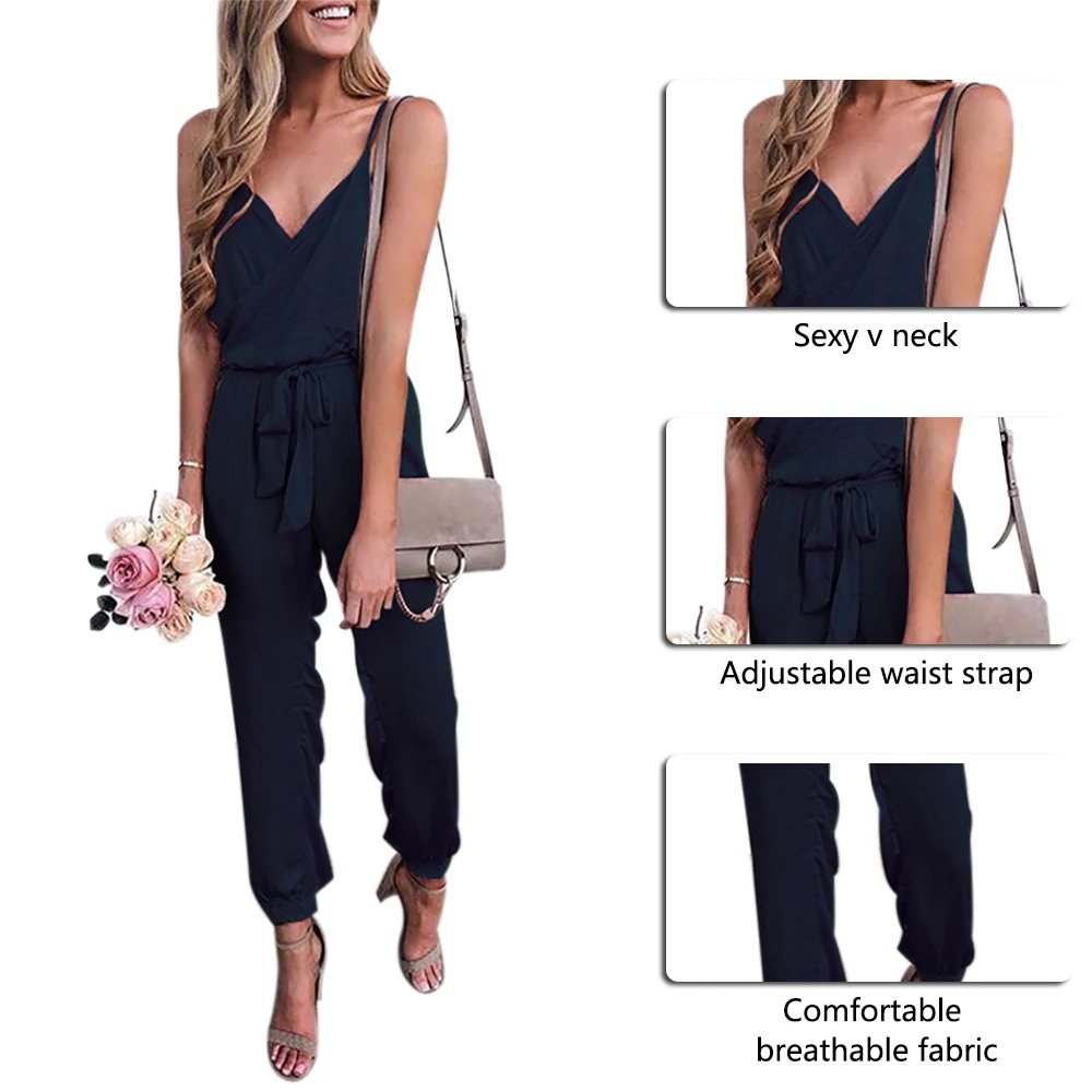 Fashion Solid Sleeveless Jumpsuit Women Sexy V Neck Playsuit Ladies Casual Sashes Overalls For Women Spaghetti Strap Trousers