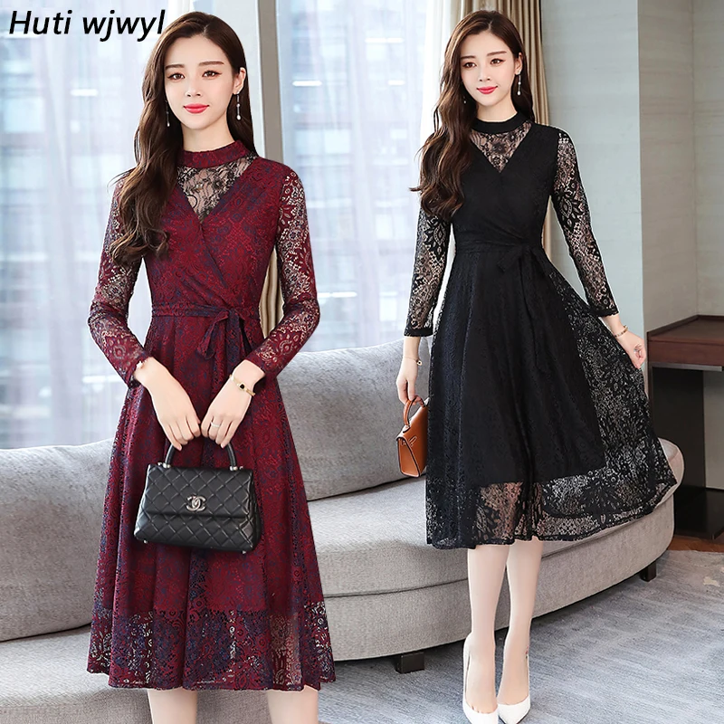 

Autumn Winter Vintage New Plus Size Lace Sexy Midi Dress 2019 Korean Elegant Women Bodycon Party Black Mesh Dress Maxi Vestidos