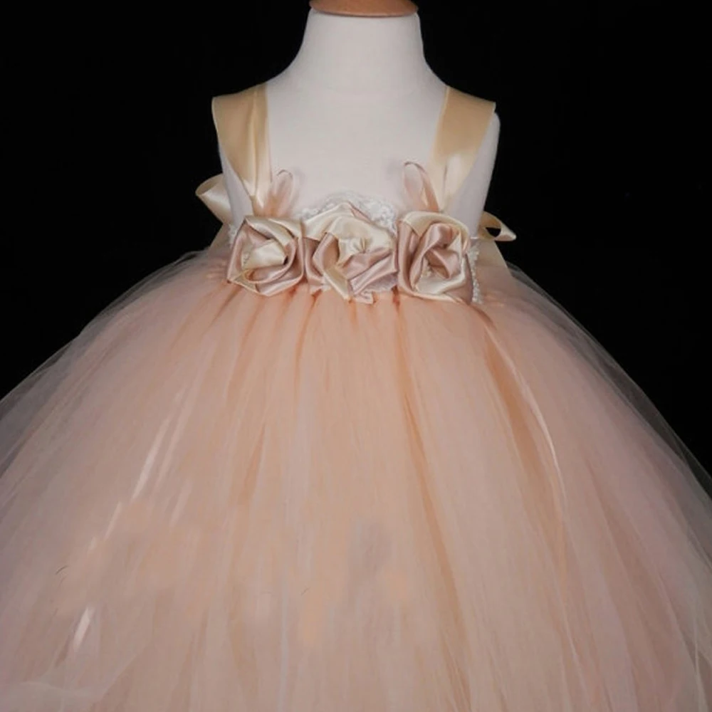 

New Hot bandage Champagne Tulle Flower Girl Dress For Wedding handmade flowers and bow belt pageant dresses for little girls Hot
