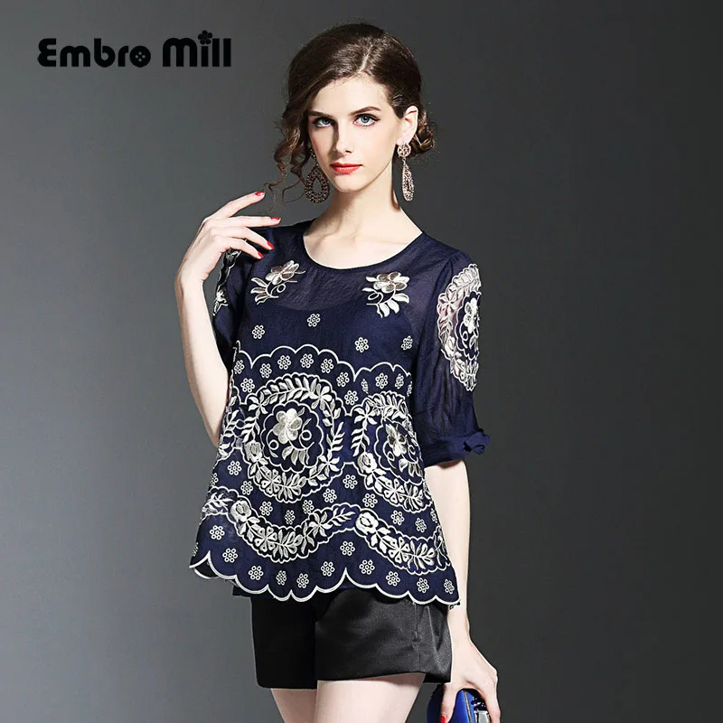 High end women blouse shirt summer retro folk embroidery flare sleeve
