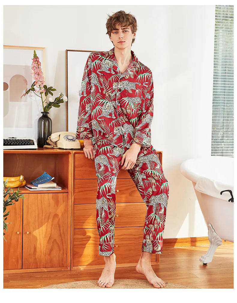 

Silky Mens Sleep Pajamas Shirt Pants Suit Male Faux Silk Sleepwear Sets Casual Home Wear Nightwear Robe Bath Gown L XL XXL