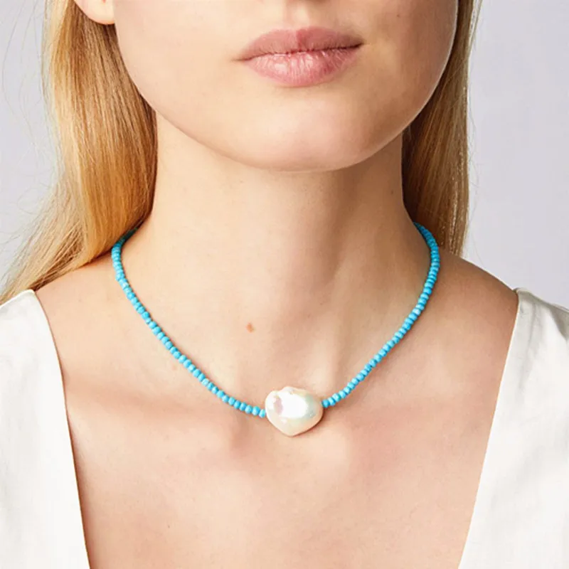 

Bohemian AAA Baroque Pearl Necklace Women's Fashion Charm Short Necklace Collier de perles baroques Black Crystal Beads