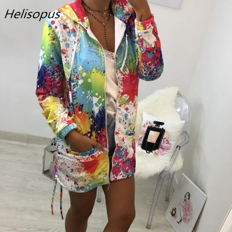 Helisopus النساء أزياء التعادل الصباغة طباعة أبلى بلوزة من الصوف الخريف مقنعين سترة الشارع الشهير طويلة هوديس