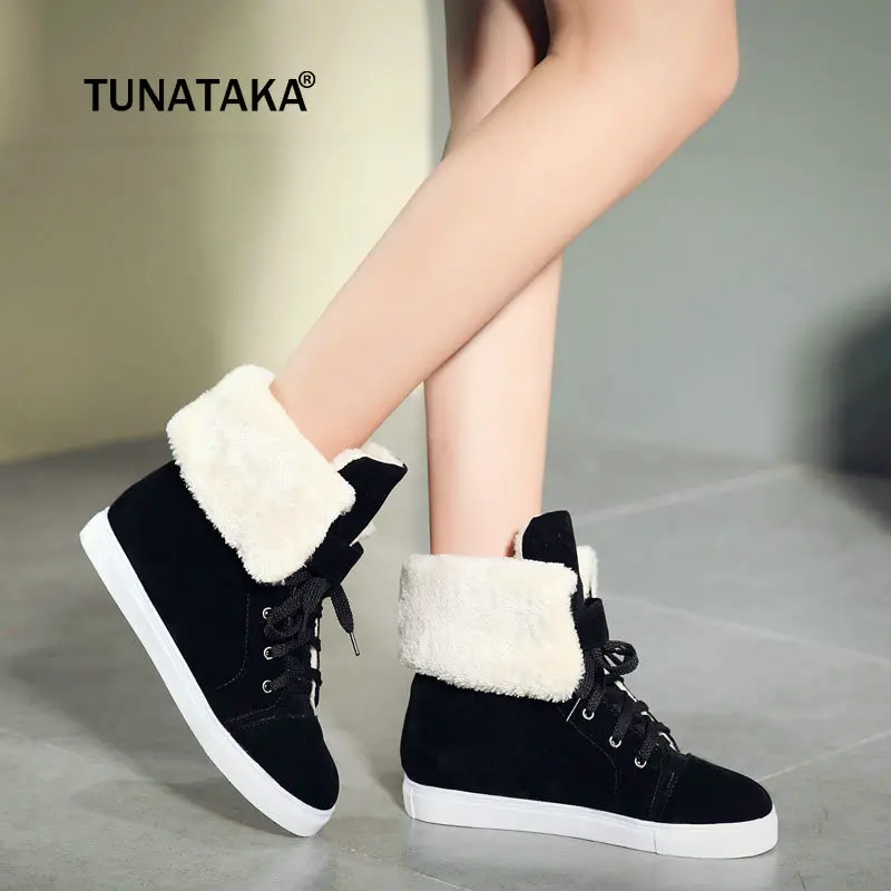 

Women Snow Boots Winter Warm Plush Flat Heel Ankle Boots Round Toe Lace Up Ladies Plus Size Shoes 2018 New Black Beige Brown