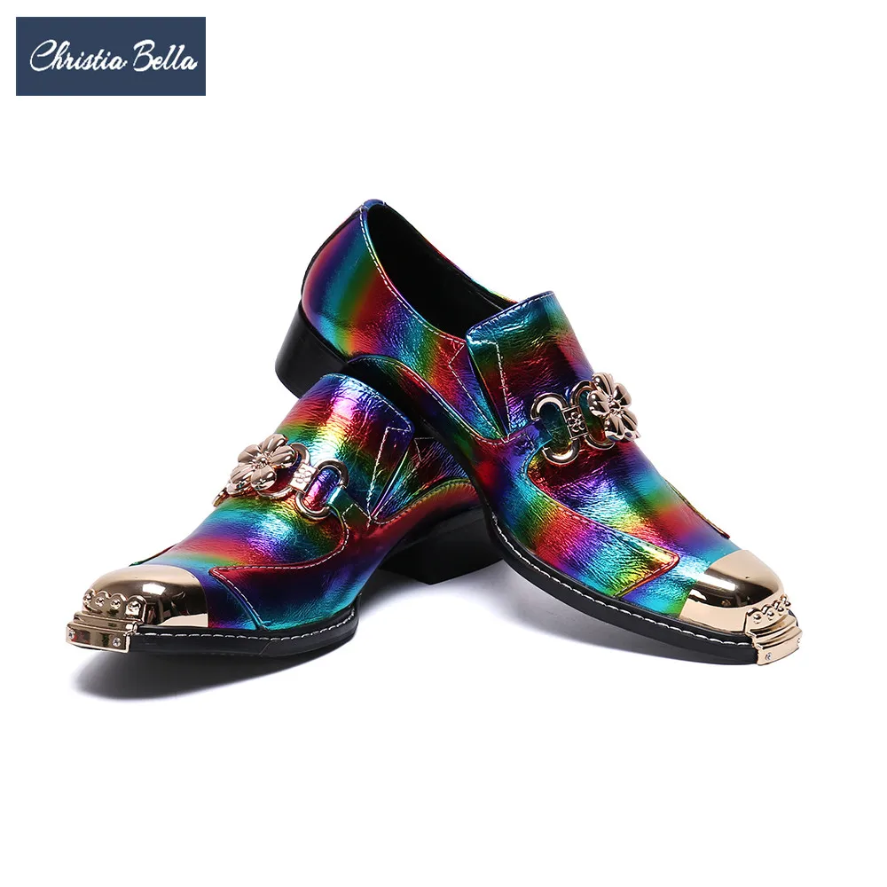 

Christia Bella New Fashion Color Print Genuine Leather Men Business Shoes Plus Size Slip on Metal Square Toe Formal Dress Shoes