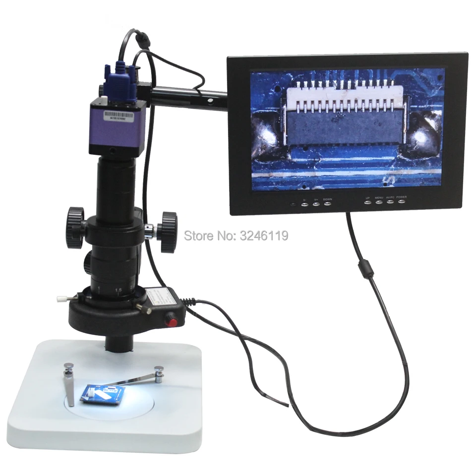 Full HD 1080 P 60FPS Industriële Microscoop VGA Camera + 10X-300X C-mount Lens + LED Lichtbron + Focus Beugel + 10-inch Monitor
