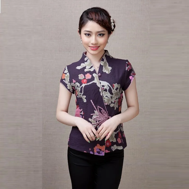 Китайские Топы Cheongsam для женщин летняя одежда Шанхай Тан Женская винтажная фольклорная рубашка женские китайские Топы TA1606