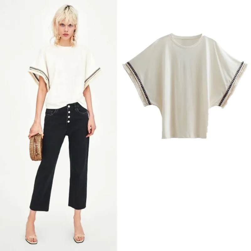 

Shoulder Sleeves Embroidered Open-cut Fringed Top Batman Shirt Loose Short-sleeved 100-tie O-Neck Batwing Sleeve Women's T-shirt