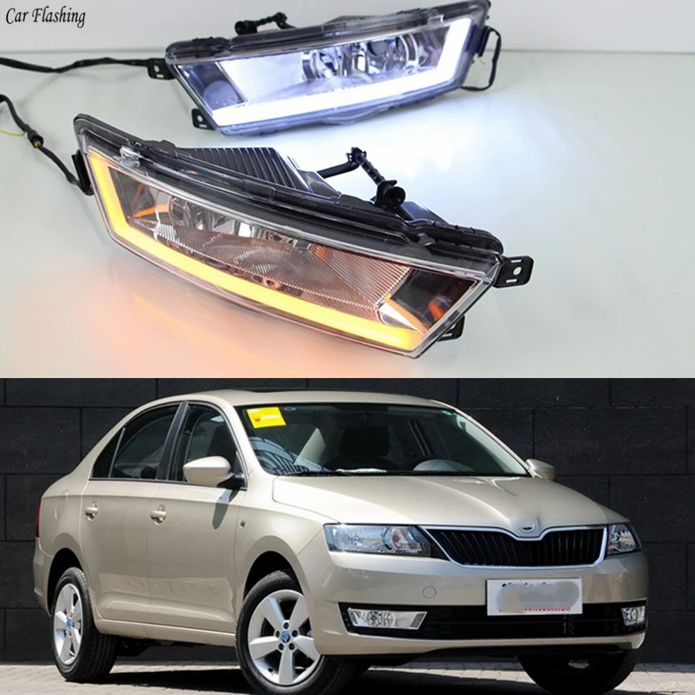 

Car Flashing 1 Set 12V LED DRL For Skoda Rapid 2013 2014 2015 2016 2017 Daytime Running Light Daylight With Yellow Turn Signal