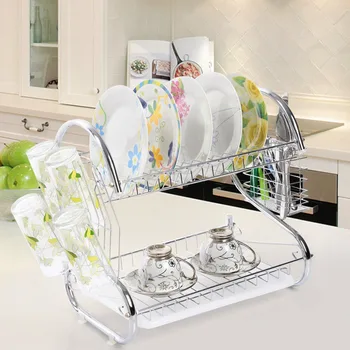 

2 Layer Dish Drainer Iron Art Kitchen Cutlery Drain Rack Utensils Storage Organizer Rustproof Dishes Plates Organization Shelf