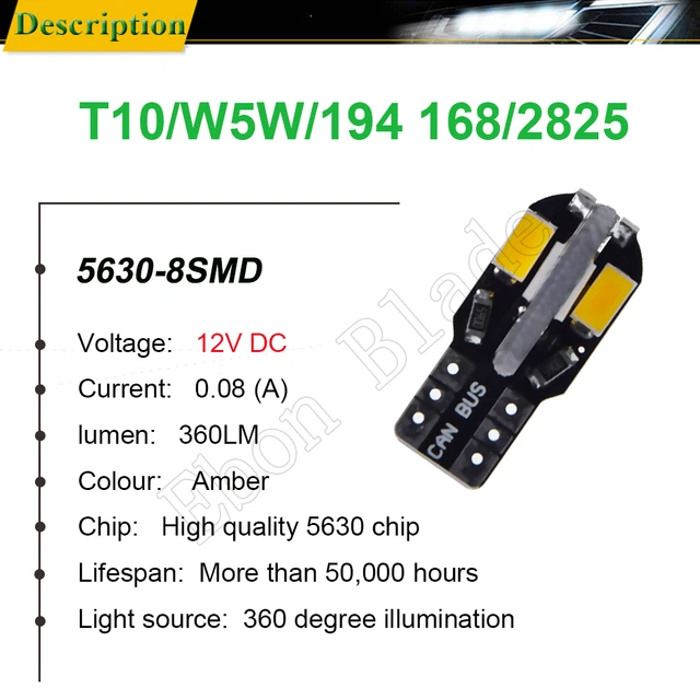 T10 W5W t 10 5w5 194 SMD Car Led Light Auto Interior Reading Clearance Side  Wedge Bulb Lamp Yellow Orange Amber 12V Accessories - AliExpress