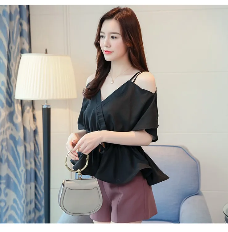 2018 Women Tops Summer Sexy Off Shoulder Blouse Ladies V-neck Short Sleeve Peplum Tops White Shirt Femme Chiffon Blusas Mujer  (10)