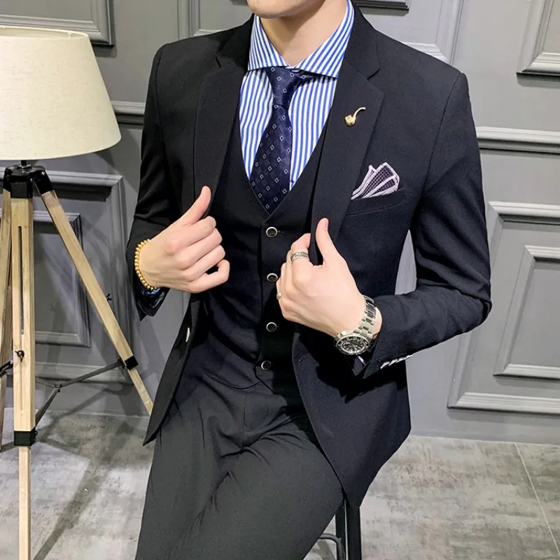 Высокое качество мужской формальный костюм из трех частей наборы Slim Fit Блейзер жилет свадебное платье костюмы Офисная Рабочая одежда банкетные вечерние костюмы