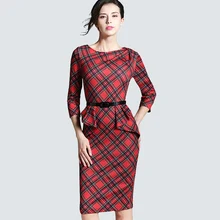 Spring Autumn Women Elegant Red Tartan Plaid Ruffle Ruched Office Work Business Casual Party Pencil Sheath