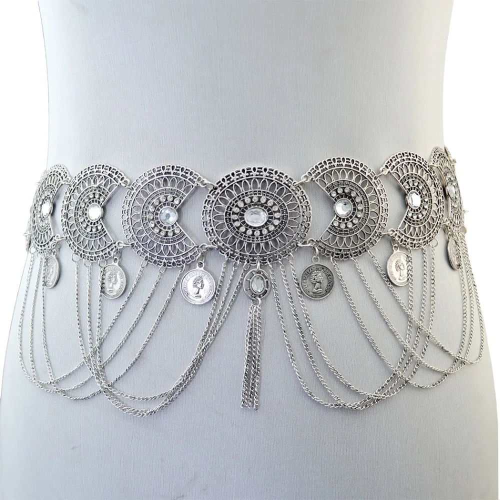 Bohemian Gypsy Belly Chains Silver Bronze Inlay Crystal Hollow Out Flower Chain Tassel Coin Dance Belt Waist Body Chain Jewelry Bohemian Gypsy Belly Chains Silver Bronze Inlay Crystal Hollow Out Flower Chain Tassel Coin Dance Belt Waist Body Chain Jewelry