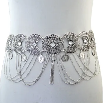 

Gypsy Bohemian Belly Chains Bronze Inlay Crystal Flower Tassel Coin Belly Dance Belt Dress Waist Body Chain India Jewelry