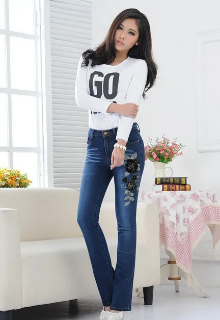 Плюс размер 6xl! 3 цвета хорошее качество женские широкие джинсы вышитые джинсы