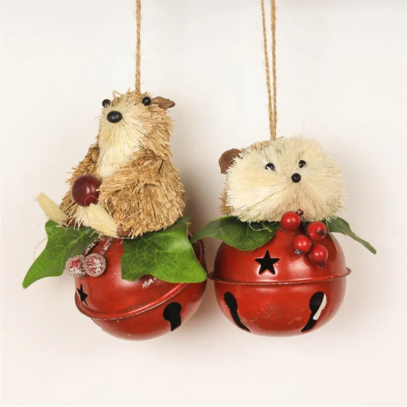 3," Рождественская елка колокольчики соломенный медведь и кулон в виде ежа украшения для дома Noel Jingle Bells металлический декор ремесло украшение-колокольчик